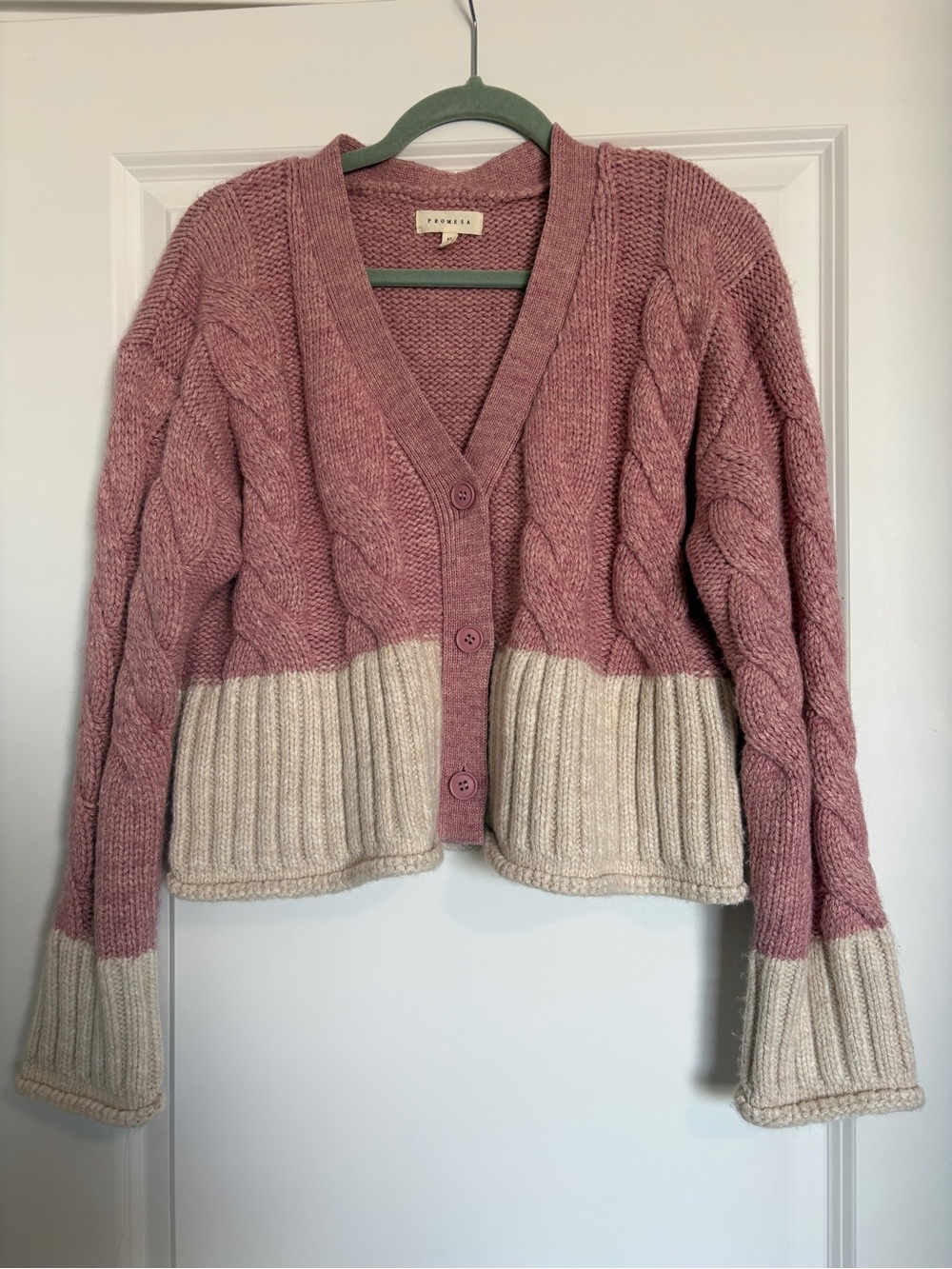 Promesa Pink & Cream Cable Knit Cropped Cardigan